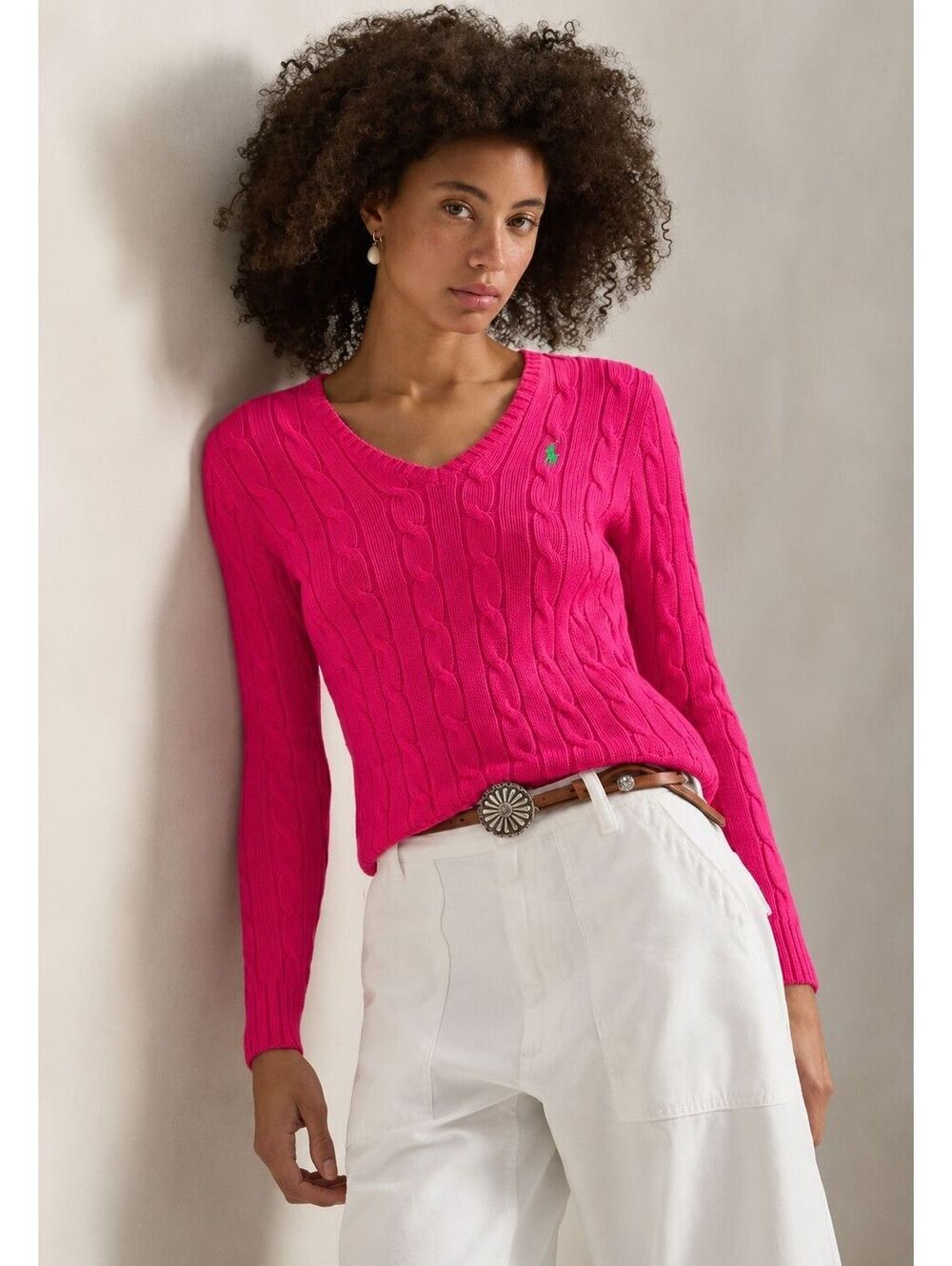 Ralph Lauren Sport 100% Cotton Cable Knit V-Neck Sweater Pink Women Size XL